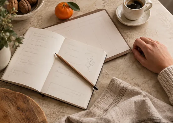 Caderno de planejamento da semana sobre a mesa