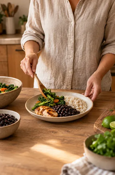 Prato com arroz, feijão, frango e legumes sendo servido