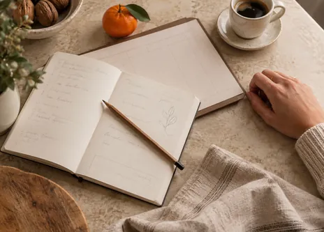 Caderno de planejamento da semana sobre a mesa