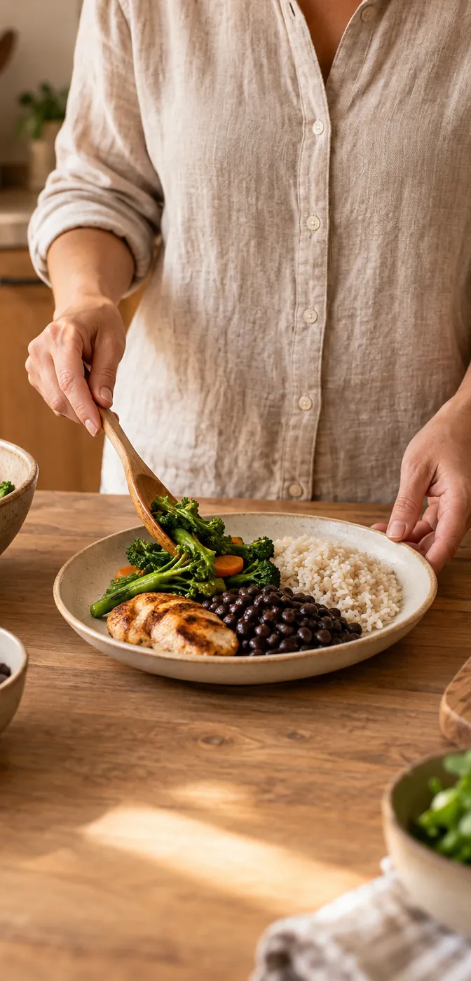 Prato com arroz, feijão, frango e legumes sendo servido